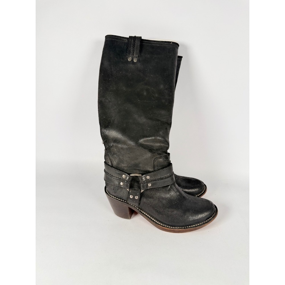Frye Harness Tall Boots Black Distressed Metallic Leather Moto 7.5
